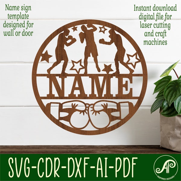Boxing male name sign, Laser cut file SVG, sport themed door or wall hanger, instant download Vector template Ai, Cdr, Dxf
