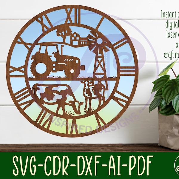 Farm wall clock laser cut files, SVG file. vector file ai, cdr, dxf instant download digital design, cut file template