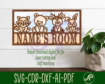 Cute Woodland animal scene 3 layer name sign SVG, forest animal themed wall art Laser cut, instant download Vector file Ai, Cdr, Dxf