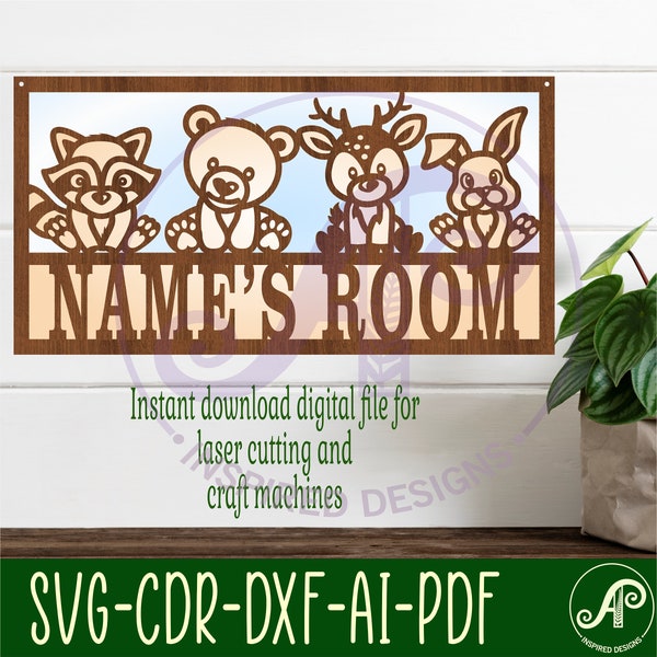 Cute Woodland animal scene 3 layer name sign SVG, forest animal themed wall art Laser cut, instant download Vector file Ai, Cdr, Dxf