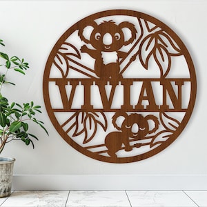 Koala Namensschild, SVG, Tür- oder Wandhänger mit dem Thema Natur, Laserschnittvorlage, sofortiger Download Vektordatei Ai, Cdr, Dxf