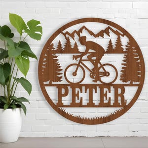 Fietsen mannelijke naambord, SVG, sport thema deur- of muurhanger, lasergesneden sjabloon, instant download vectorbestand Ai, Cdr, Dxf