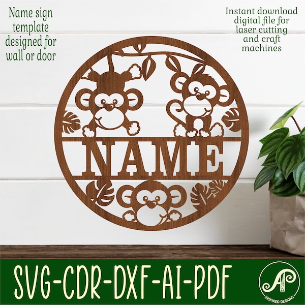 Cute monkey name sign, SVG, animal themed door or wall hanger, Laser cut template, instant download Vector file Ai, Cdr, Dxf