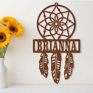 Dreamcatcher Nome segno SVG tema natura modello tagliato al laser, porta o gancio a parete, file vettoriale ai, cdr, dxf pdf download immediato