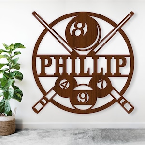 Nom du billard dans un fichier SVG découpé au laser - Panneau mural personnalisé sur le thème du billard en téléchargement numérique