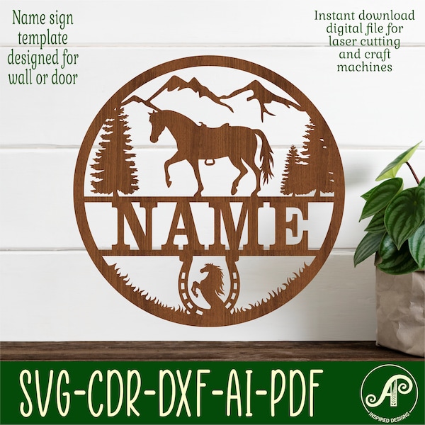 Horse name sign, SVG, animal themed door or wall hanger, Laser cut template, instant download Vector file Ai, Cdr, Dxf