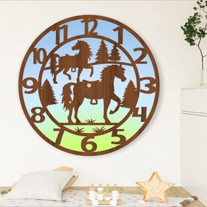 Pferde Tier Wanduhr Laserschnitt Dateien, SVG-Datei. vektor, ai, cdr, dxf, sofort download, digitales design, schnittdatei vorlage