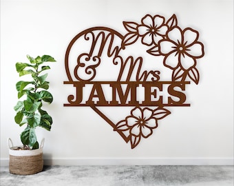 Floral Heart Mr and Mrs Name Sign Wedding SVG Files (Digital Download)