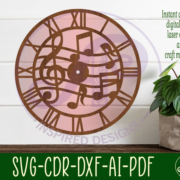 Music wall clock laser cut files, SVG file. vector file ai, cdr, dxf instant download digital design, cut file template