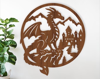 Dragon and Castle Wall Sign -Laser Cut Fantasy medieval home decor (Digital Download)