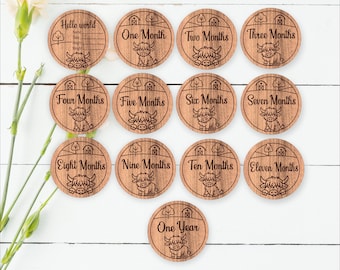 Highland cow monthly milestone discs laser engraved SVG files -Digital download nursery themed bundle
