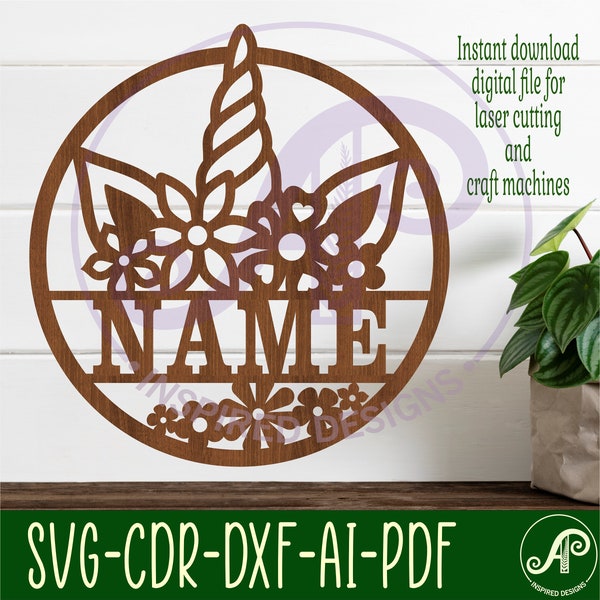 Unicorn horn name sign, SVG, fantasy themed door or wall hanger, Laser cut template, instant download Vector file Ai, Cdr, Dxf