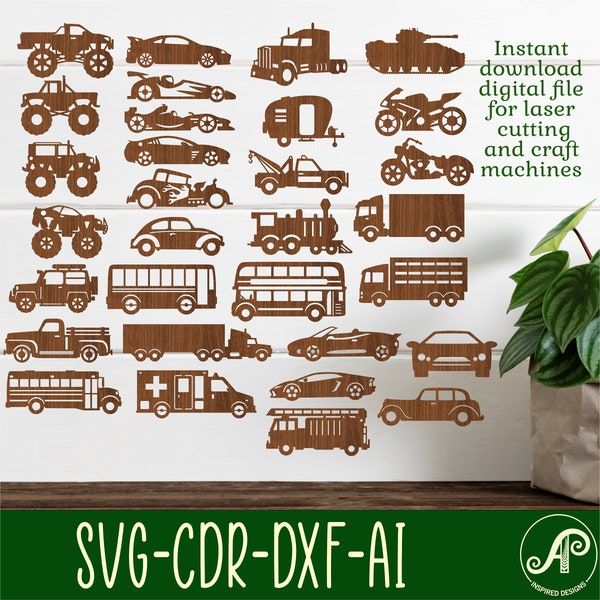 Vehicle SVG bundle. 31 designs, Vector files, laser cut file, shapes. Ai, Cdr, Dxf instant download digital file