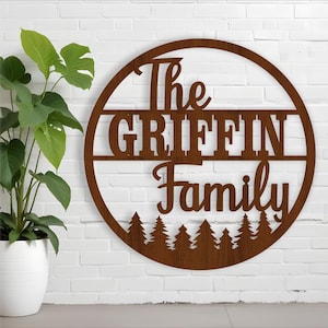 Cartello con nome della famiglia nella foresta, SVG, porta o appendino a parete a tema famiglia, modello tagliato al laser, download immediato File vettoriale Ai, Cdr, Dxf