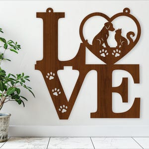 Love with cat and dog Wandschild, SVG-Datei. vektor, ai, cdr, dxf sofort download digital design, laser cut, wandkunst