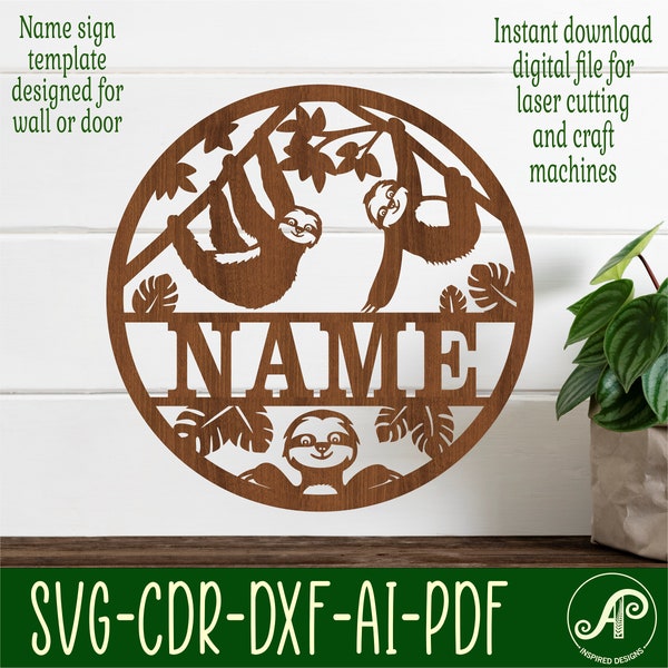 Sloth name sign, SVG, animal themed door or wall hanger, Laser cut template, instant download Vector file Ai, Cdr, Dxf