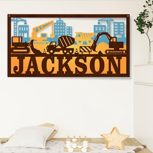 Cena de construção 3 camada nome sinal SVG, escavadeira decoração tema arte de parede, corte a laser modelo, download instantâneo arquivo vetorial Ai, Cdr, Dxf