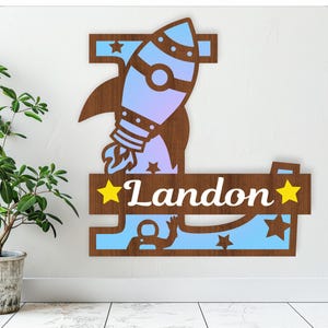 Rakieta monogram litery nazwy znaki. 3 warstwy SVG szablon cięcia laserowego, wieszak na drzwi lub ścianę, plik wektorowy, ai, cdr, dxf plik pdf natychmiastowy