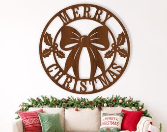 Fröhliche Weihnachten! Schleifen-Wandschild (SVG), festlicher Stechpalmenkranz (lasergeschnittene Weihnachtsdekorationsdatei)