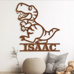 Letrero con nombre T Rex, SVG, lindo colgador de pared o puerta con temática de dinosaurio, plantilla cortada con láser, descarga instantánea Archivo vectorial Ai, Cdr, Dxf