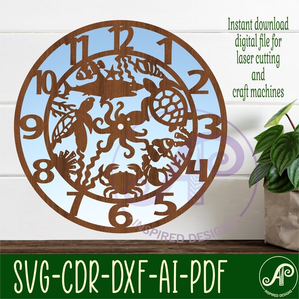 Sea life animal wall clock laser cut files, SVG file. vector file ai, cdr, dxf instant download digital design, cut file template