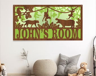 Jungle Animal Name Sign SVG: Laser Cut Door Hanger Template (Digital Download)