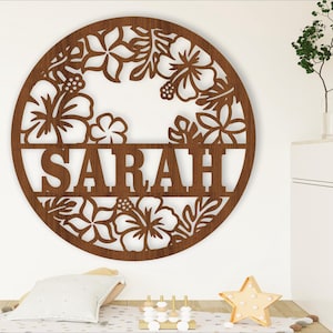 Prénom tropical, SVG, porte ou suspension sur le thème des fleurs, modèle découpé au laser, téléchargement immédiat fichier vectoriel Ai, Cdr, Dxf