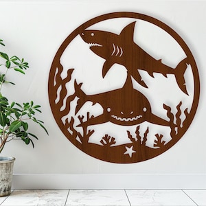 Arte de parede de tubarões, arquivo SVG. arquivo vetorial ai, cdr, dxf download instantâneo design digital, corte a laser, arte de parede tema oceano