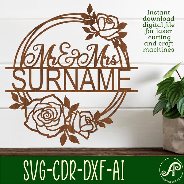 Rose wreath Mr and Mrs name sign, SVG, wedding themed door or wall hanger, Laser cut template, instant download Vector file Ai, Cdr, Dxf