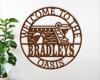 Welcome to the Surnames Oasis Sign SVG: Laser Cut Pool Family wall art (Digital Download)