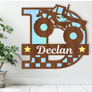 Monstertruck Monogramm Buchstaben Namensschilder. 3 Schichten SVG Laserschnitt Datei, Tür- oder Wandhänger, Vektordatei ai, cdr, dxf pdf Sofort-Datei