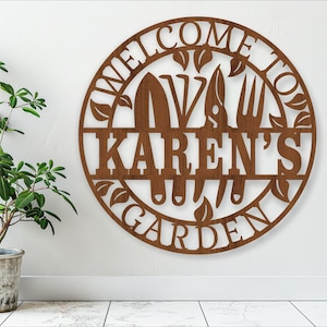 Panneau Bienvenue sur le jardin du nom, SVG, support mural sur le thème du jardinage, modèle découpé au laser, téléchargement immédiat fichier vectoriel Ai, Cdr, Dxf