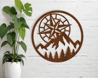 Mountain and compass laser cut wall sign, SVG, outdoors home (digital download)