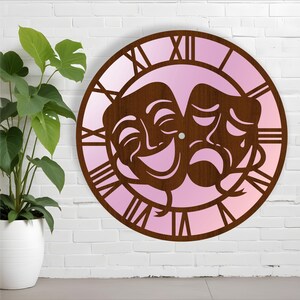 Maschere teatrali per arti performative, orologio da parete in formato SVG con taglio laser - modello di orologio scaricabile digitalmente - maschere per commedie e drammi