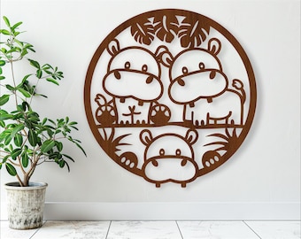 Hippo Family Wall Art: Laser Cut Animal Theme (Digital Download)