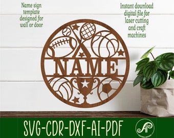 Sports name sign, SVG, fitness themed door or wall hanger, Laser cut template, instant download Vector file Ai, Cdr, Dxf