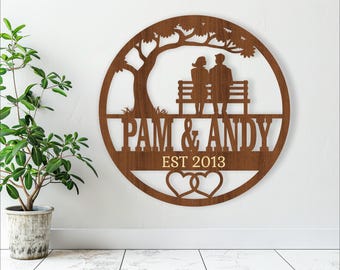 Couple on Bench Name Sign SVG: Anniversary Laser Cut Template (Digital Download)