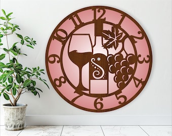 Wine time wall clock laser cut files, SVG file. vector file ai, cdr, dxf instant download digital design, cut file template