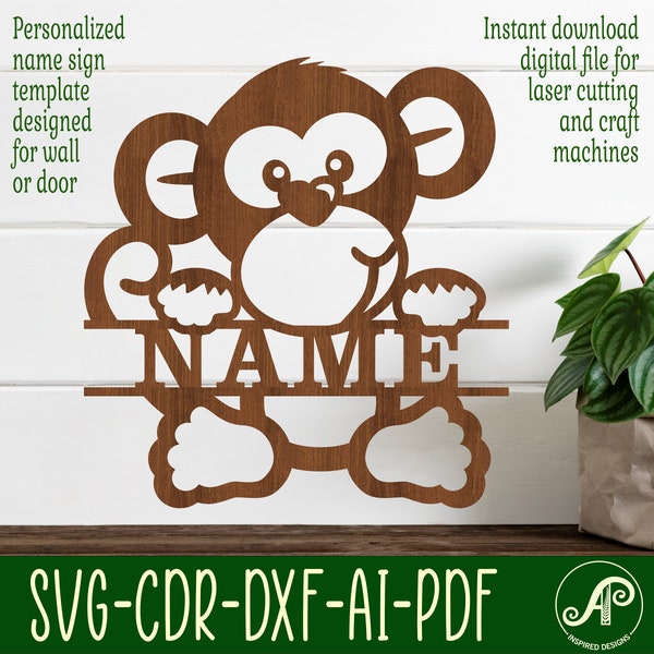 Cute monkey Name sign SVG laser cut template, door or wall hanger  ai, cdr, dxf pdf instant download