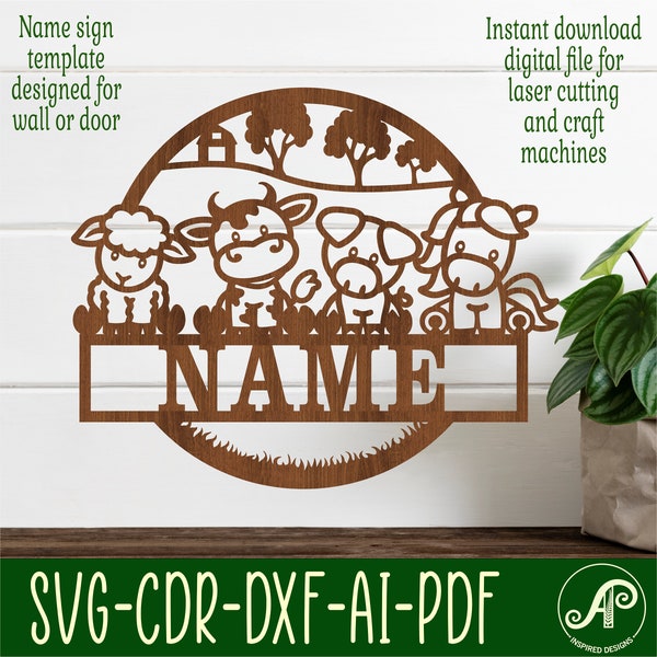 Süßes Bauernhoftier-Namensschild, SVG, Tür- oder Wandaufhänger mit Tiermotiv, Laserschnitt-Vorlage, sofortiger Download Vektordatei Ai, Cdr, Dxf