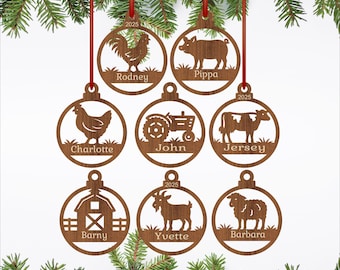 Farm animals Christmas Ornaments, 8 Farming Personalized decoration designs SVG laser cut (digital download)