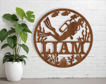 Scuba Diver Name Sign: Ocean Wall Art, Laser Cut Template (Digital Download)