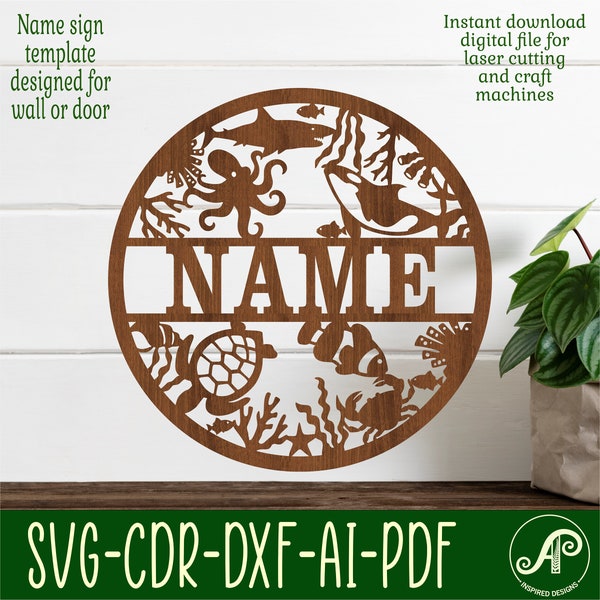 Sealife name sign, SVG, Ocean themed door or wall hanger, Laser cut template, instant download Vector file Ai, Cdr, Dxf