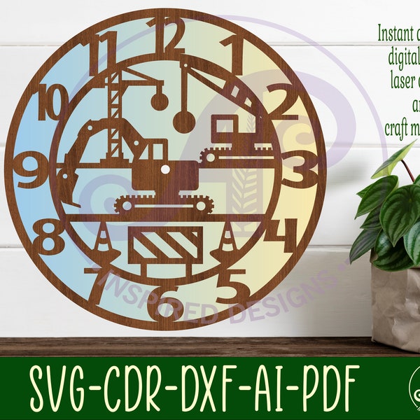 Construction vehicle wall clock laser cut files, SVG file. vector file ai, cdr, dxf instant download digital design, cut file template