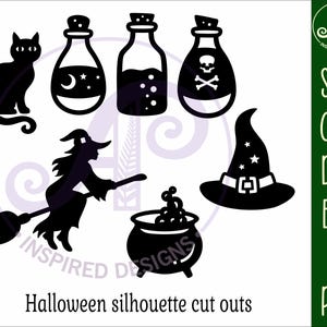 Puede incluir: Siluetas negras con tem&aacute;tica de Halloween que incluyen un gato, botellas de pociones, una bruja en una escoba, un caldero y un sombrero de bruja. El texto "Halloween silhouette cut outs" y las opciones de tipo de archivo: SVG, CDR, DXF, EPS, AI y PDF.