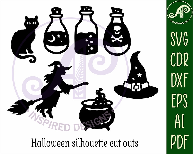 Puede incluir: Siluetas negras con tem&aacute;tica de Halloween que incluyen un gato, botellas de pociones, una bruja en una escoba, un caldero y un sombrero de bruja. El texto "Halloween silhouette cut outs" y las opciones de tipo de archivo: SVG, CDR, DXF, EPS, AI y PDF.