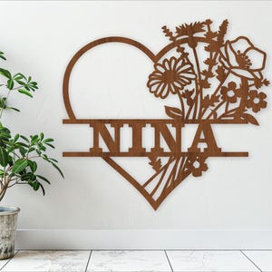 Herz wilde Blumen Namensschild SVG Laser geschnitten Vorlage, Tür- oder Wandhänger ai, cdr, dxf pdf sofort Download