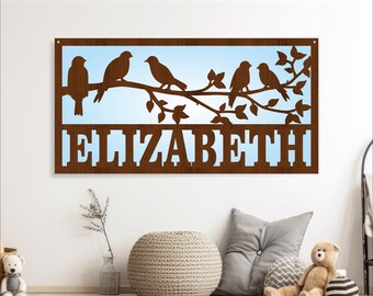 Birds on Branch Name Sign SVG: Laser Cut Wall Hanger (Digital Download)