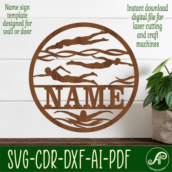 Swimming female name sign, SVG, sports themed door or wall hanger, Laser cut template, instant download Vector file Ai, Cdr, Dxf