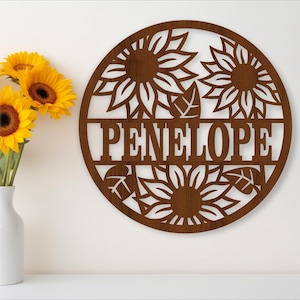 Sonnenblume Namensschild, SVG, Tür- oder Wandhänger mit Blumenmotiven, Laser geschnittene Vorlage, sofortiger Download Vektordatei Ai, Cdr, Dxf